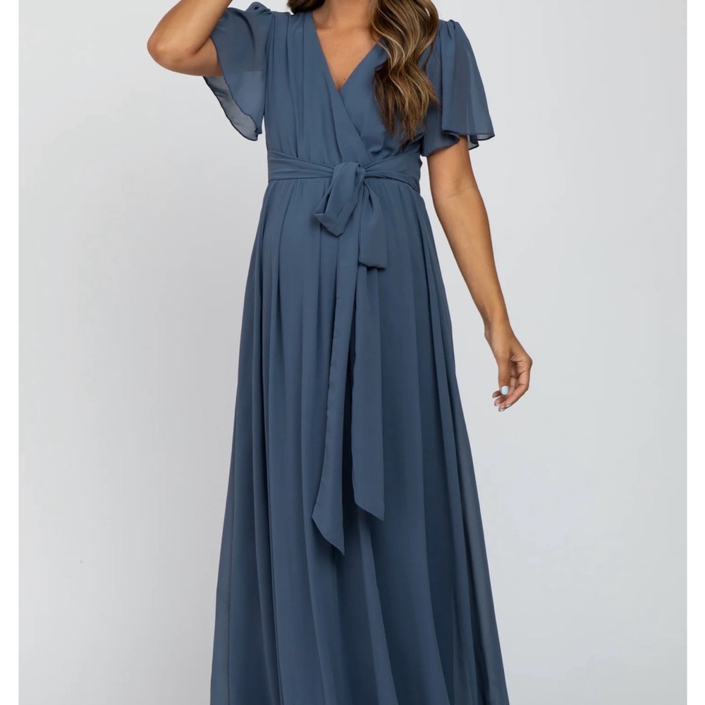 Blue Chiffon Short Sleeve Maternity Maxi Dress